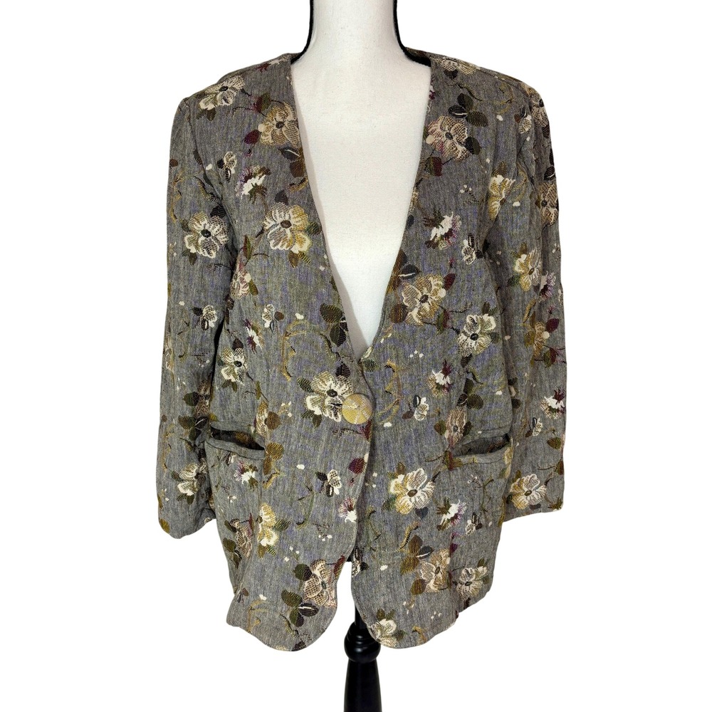 Vintage 90s Bianca Blazer Jacket Women's Medium Jacquard Tapestry‎ Muted Colors